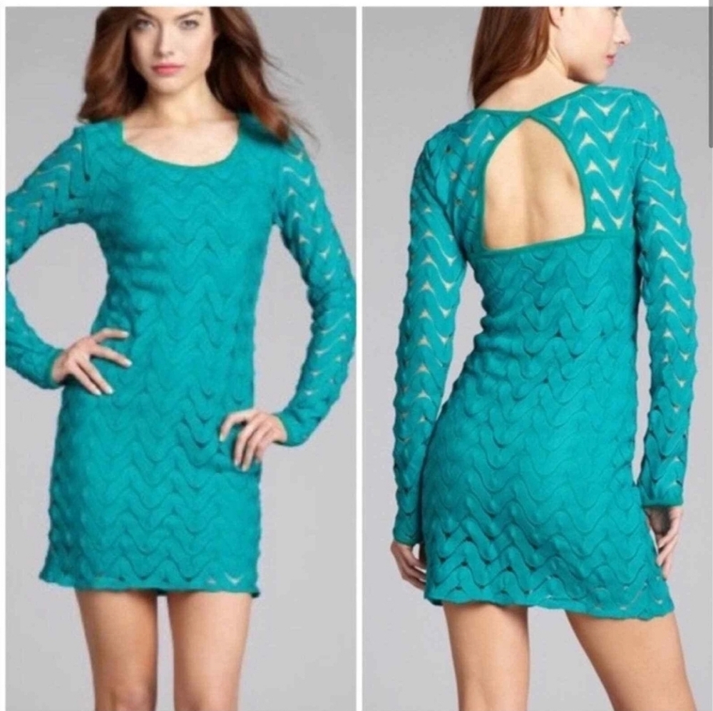 EUC Free People Wild Thing Crochet Lace Turquoise Long Sleeve Mini Dress